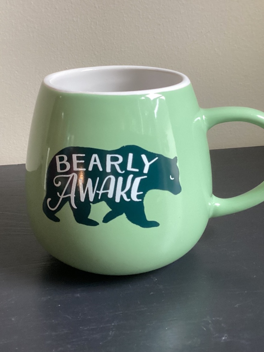 Clay Art “BEARLY AWAKE” 16oz Coffee Mug Green with Black Bear